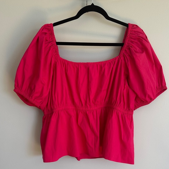 Express Bright Pink Puff Sleeve Peplum Blouse - Picture 4 of 4